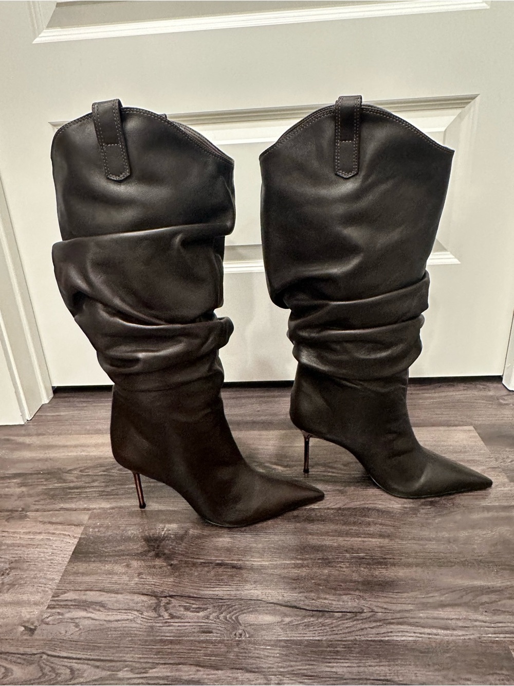Schutz brown slouch leather knee boots 8.5 metallic heel NWOT - Picture 2 of 7
